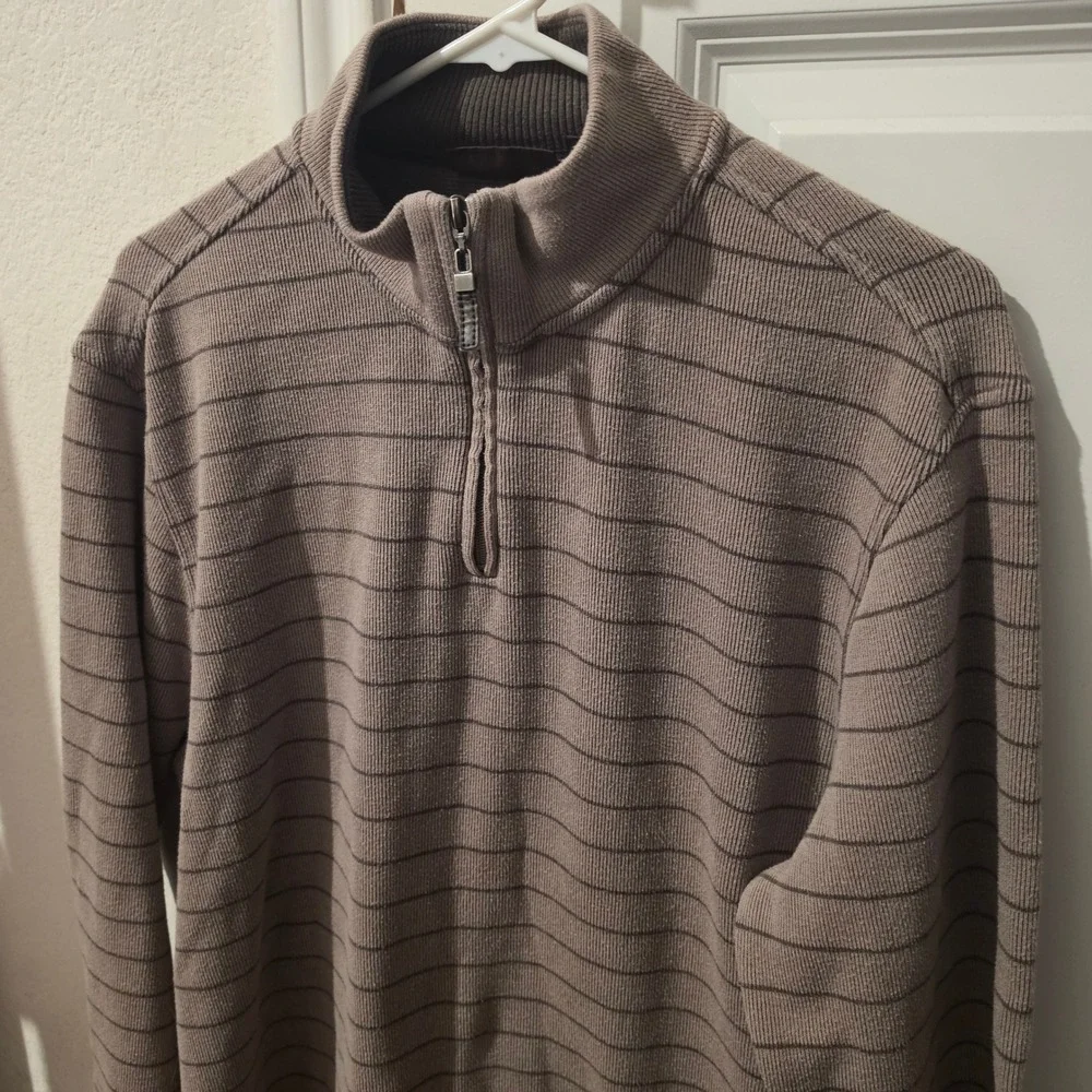 Tasso Elba Mens Quarter Zip Pullover Sweater Taupe Brown Striped Cotton Blend L